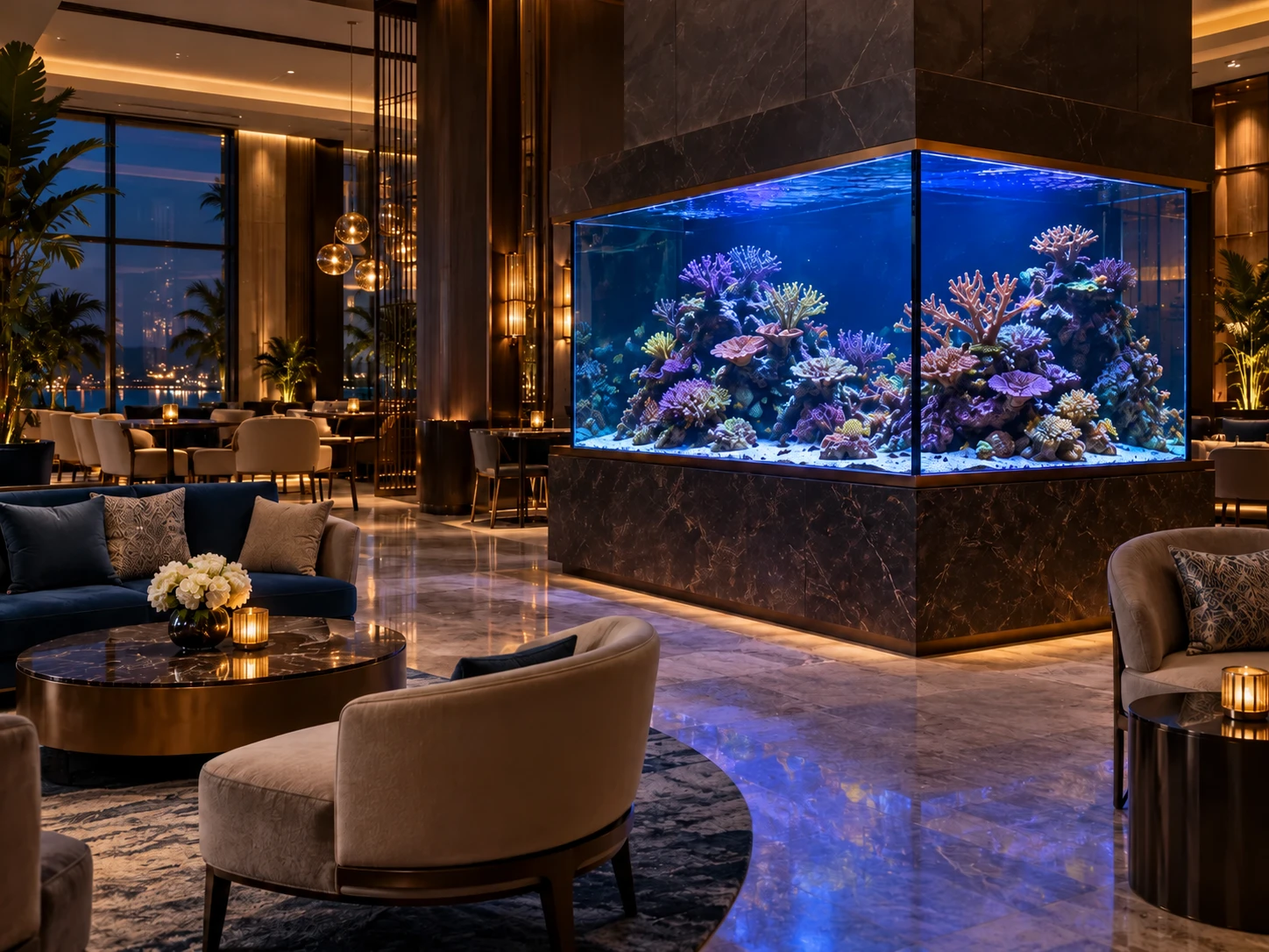 Illustrative concept of a saltwater aquarium in a boutique hospitality lobby