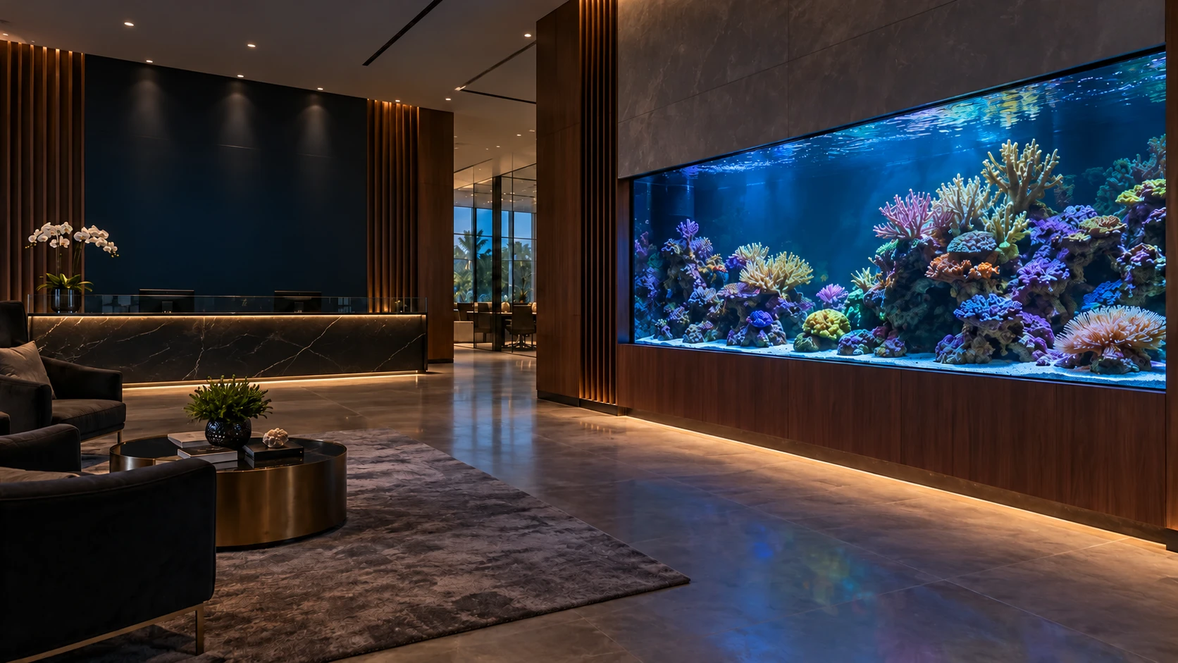 Illustrative concept of a saltwater aquarium in a contemporary office lobby
