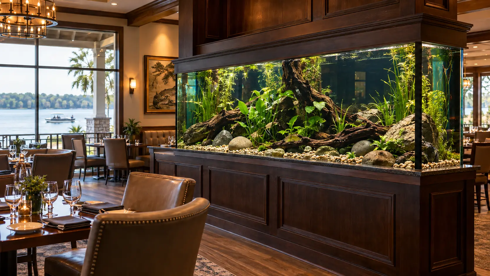 Illustrative concept of a fishless freshwater aquarium integrated into an elegant Florida lakeside restaurant