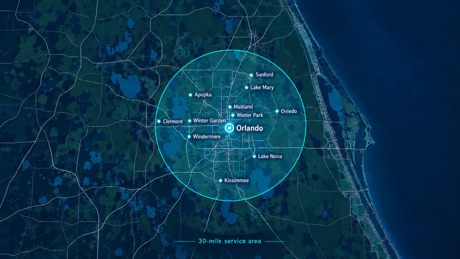 Map of Showcase Aquarium Solutions' 30-mile service area centered on Orlando